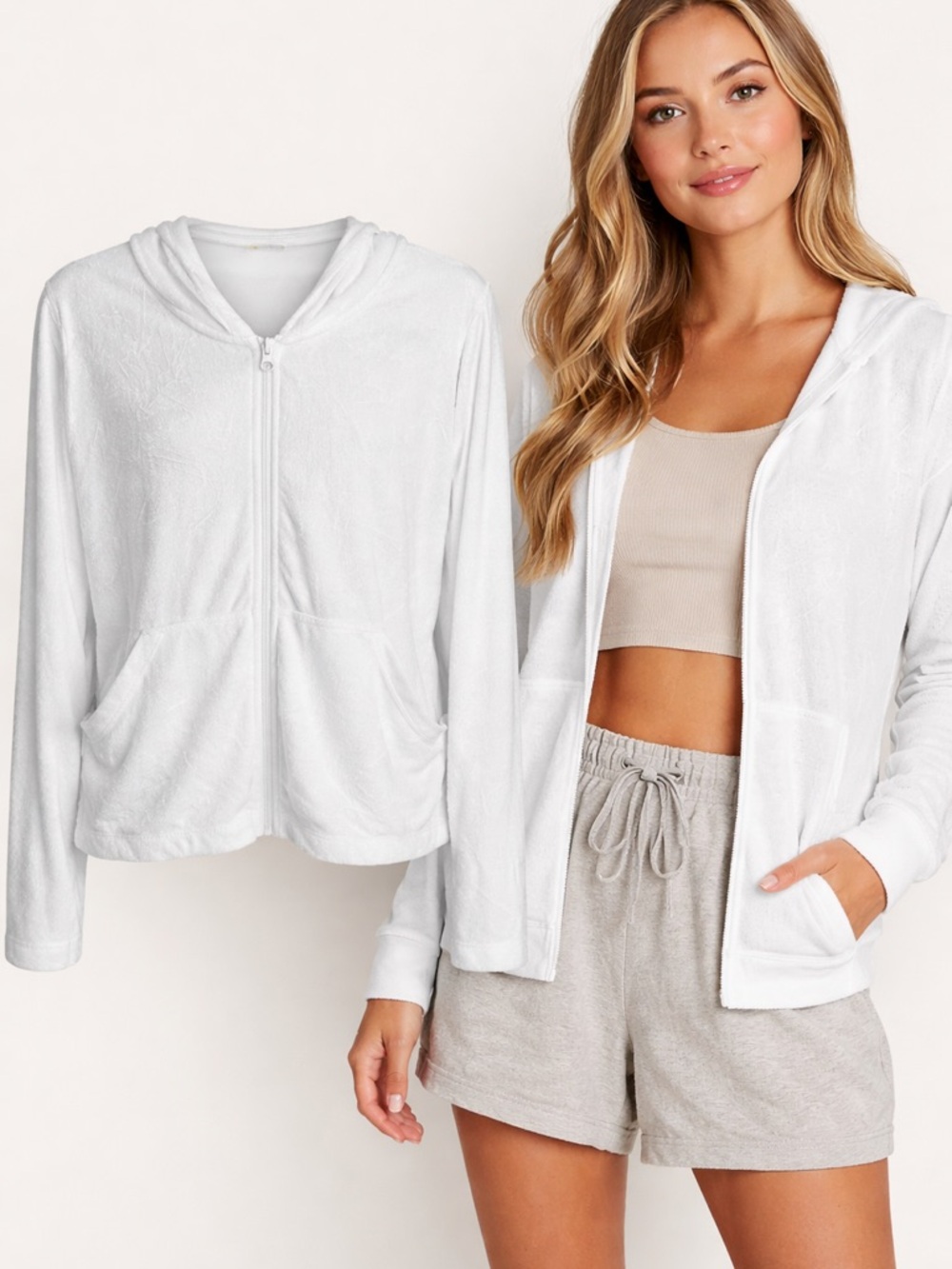 Zella | White Velour Zip Hoodie | Soft Lounge | Cozy Minimal | Medium
